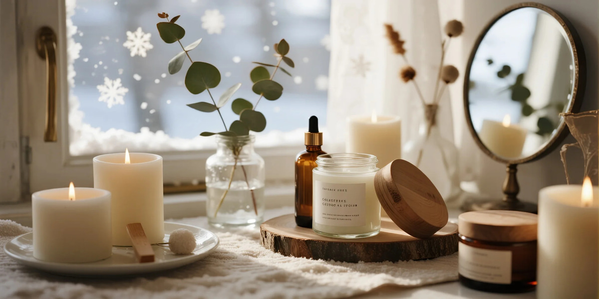 Eco-Friendly Winter Skincare routine with natural, sustainable, and plastic-free beauty products on a cozy winter table.