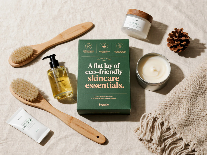 Eco-friendly winter skincare essentials with reusable jars, bamboo tools, and natural oils on a cozy fabric.