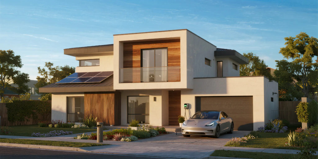 Modern eco-friendly home using solar energy and sustainable design