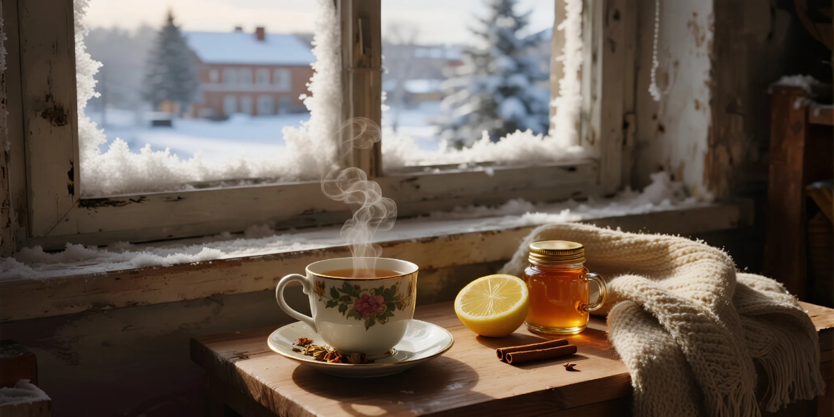 Herbal Teas for Winter Wellness – Cozy winter morning tea setup