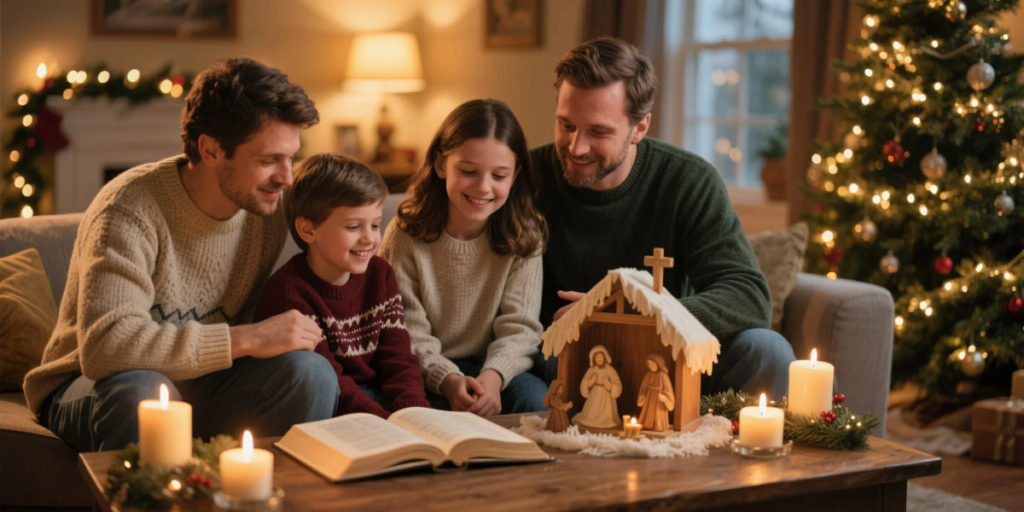 Family gathered around nativity scene with open Bible and candlelight, celebrating Christ at Christmas