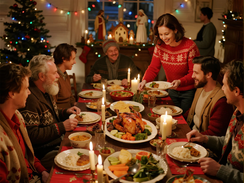 Christian family volunteering at a community center during Christmas
