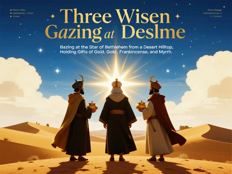 “The three Magi following the Star of Bethlehem across the desert to honor the newborn King, Jesus Christ.”