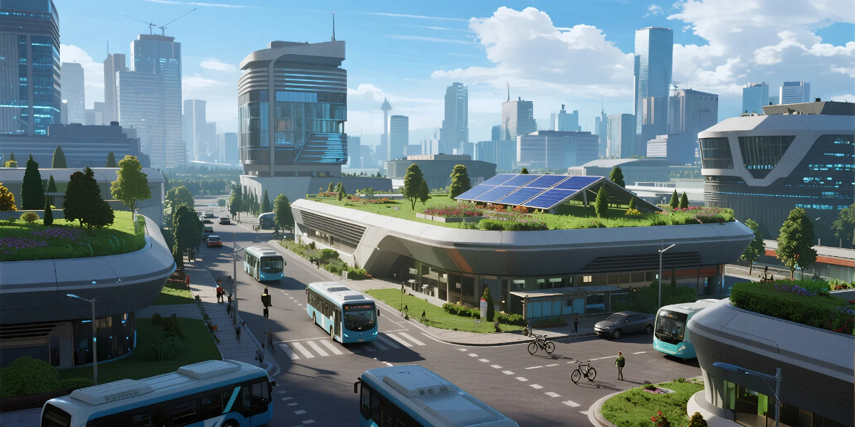 Pollution-Free City skyline with green spaces and clean air