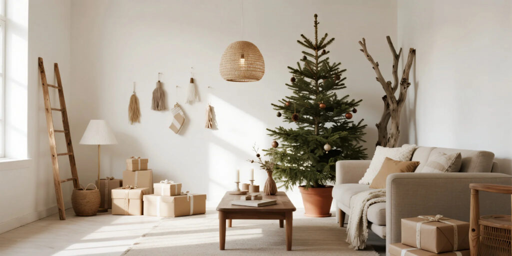 Sustainable Christmas Tree Ideas showing a potted living tree with eco-friendly decor in a modern home