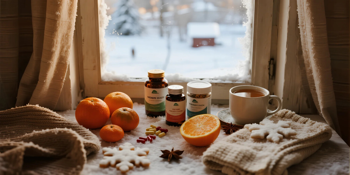 Vitamins and supplements for cold months — winter wellness concept with immune-boosting foods and pills
