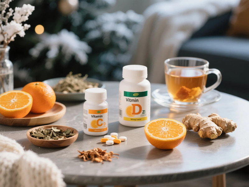 Winter health supplements arranged on a table with hot tea and fruits Title: Winter Health Supplements Guide