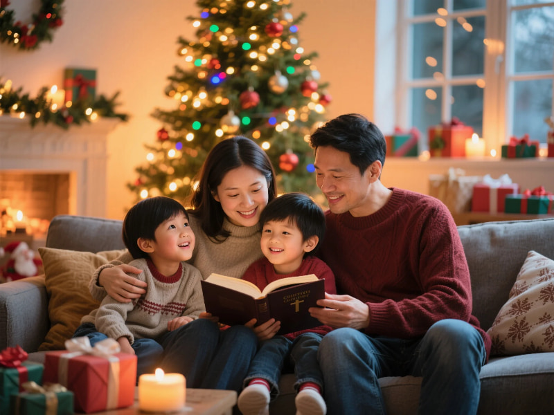 Family celebrating Christ-centered Christmas