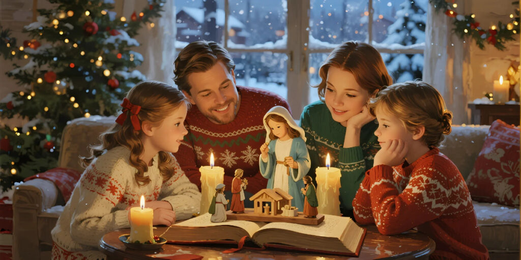 Family reading the Bible during Christmas celebrations to honor Christ’s birth