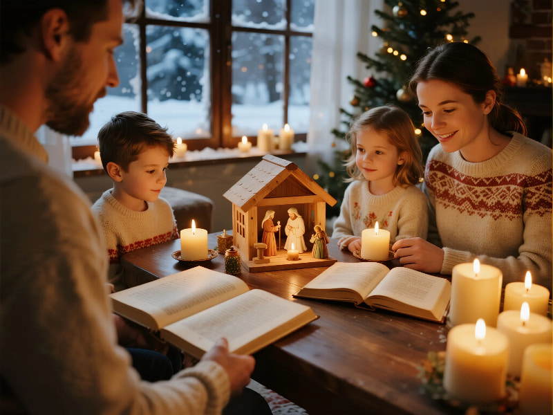 Open Bible displaying the Nativity story with Christmas decorations around it