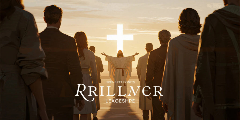 Christian Leadership Lessons banner showing Jesus-inspired servant leader guiding followers with love and light