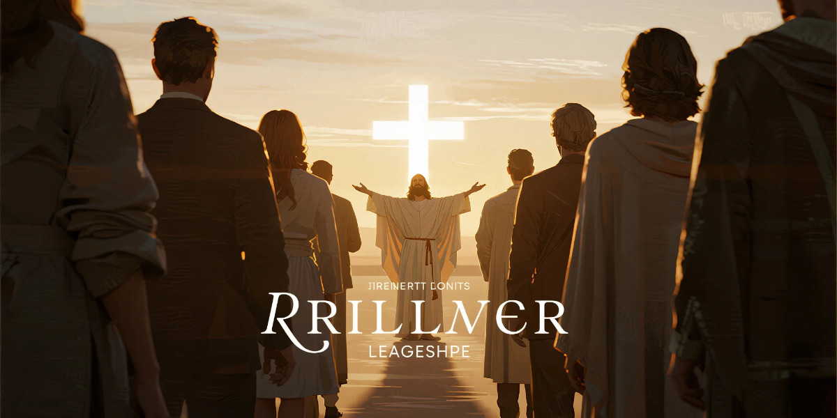 Christian Leadership Lessons banner showing Jesus-inspired servant leader guiding followers with love and light