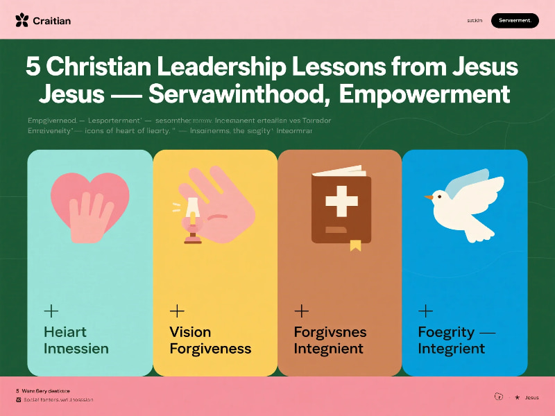 Infographic showing five Christian Leadership Lessons from Jesus: servanthood, empowerment, vision, forgiveness, and integrity