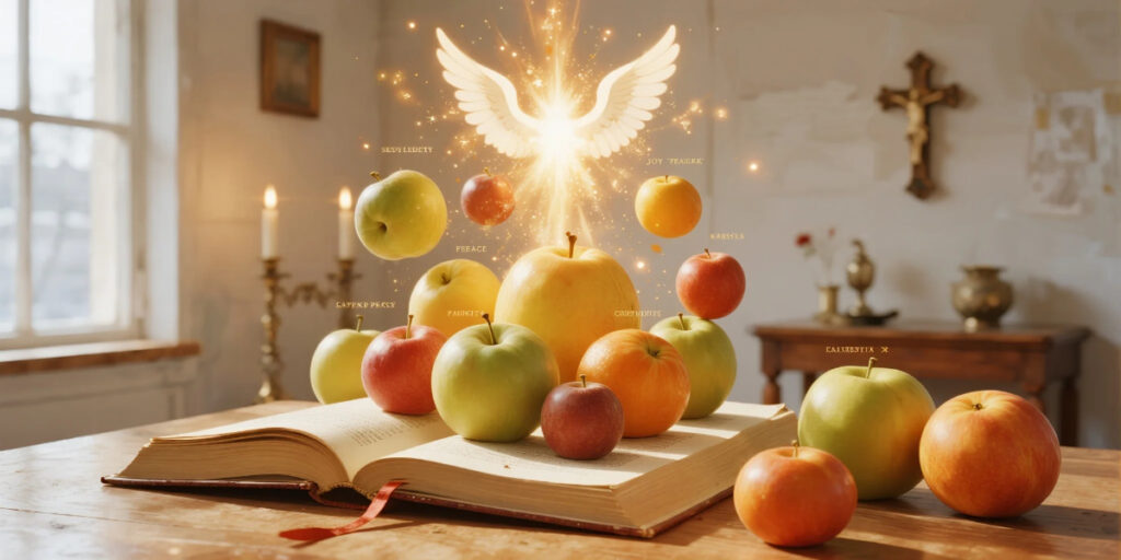 The Fruits of the Spirit: How to Apply Them Daily illustrated as a glowing tree with nine spiritual fruits.