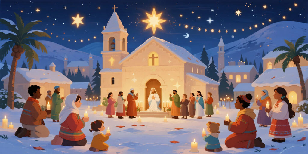 Global Christians celebrating Christmas traditions around the world with prayer, light, and joy.