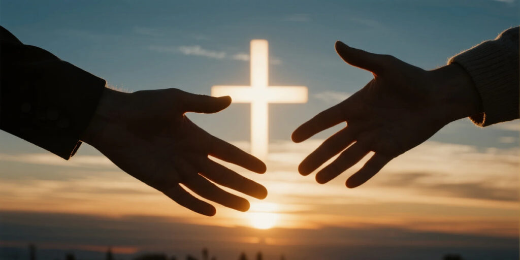 Sunset cross and hands showing that Loving Others Reflects Jesus’ Heart”