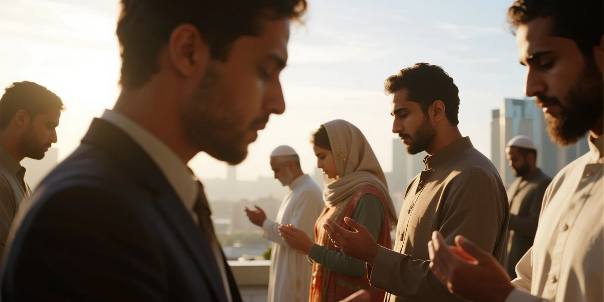 The Role of Faith in Modern Society showing unity among different religions in a modern city