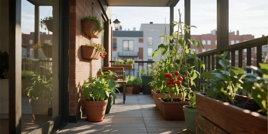 Urban Gardening & Balcony Farming setup on a small balcony with herbs and vegetables.