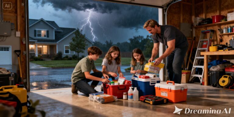 A family practicing Climate Preparedness by organizing emergency supplies.